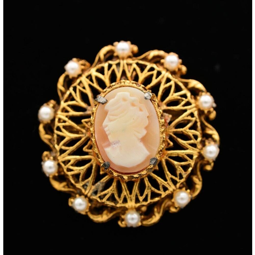 Florenza Vintage Cameo Pin Brooch Faux Pearl Antiqued Gold Tone Signed BinAT